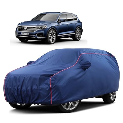 Image of Sulfar 100% Water Resistant Car Body Cover Compatible with Mirror for Volkswagen Touareg (Triple Stitched, Full Bottom Elastic, Blue Taffeta with Red Piping)
