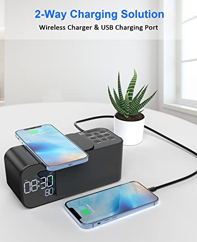 Akkigl Alarm Clock Radio With Wireless Charging & Bluetooth Speaker, Digital Alarm Clocks For Bedrooms With 8 Sounds Dual Alarm, Snooze, Usb Charger, 3 Level Dimmer, Nightlight, Temperature Display #TOP2