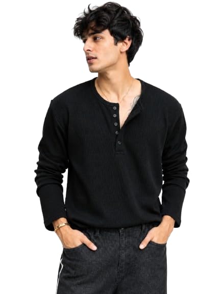 Men's Textured Henley T-Shirt Comfort Fit Henley Long Sleeve Casual-picture-15
