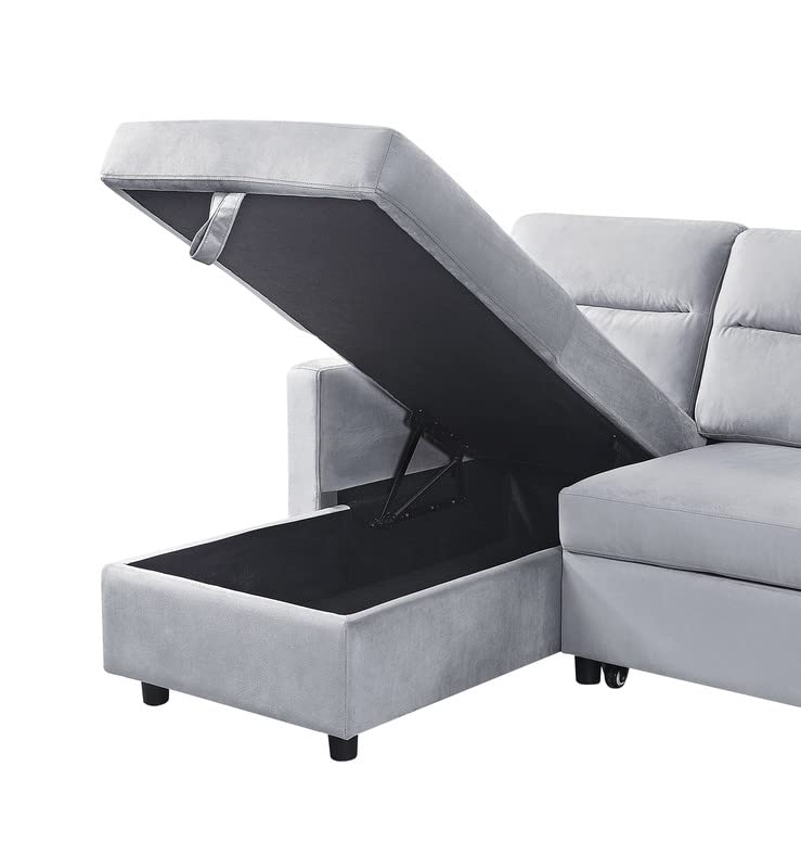 ((Box 3 of 3))RITSU Reversible Velvet Sleeper Sectional Sofa with Storage Chaise and Side Pocket, L-Shape Corner Couch with Arms for Living Room, Home Furniture, Apartment, Dorm, Light Gray