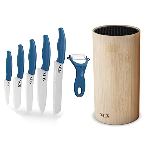 Vos Universal Knife Block And Ceramic Kitchen Knives With Peeler, Ceramic Paring Knife 4", 5", 6", 7", 8" Inch Blue #TOP28