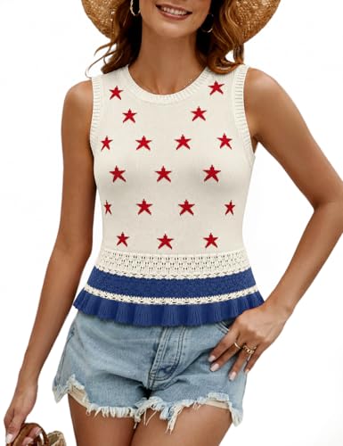 Image of VIMPUNEC Womens Crochet Crop Tank Tops Sleeveless Knit Sweater Vest Ruffle Hem Summer Top