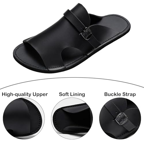 Men's Leather Breathable Soft Sole Beach Slides Sandals Retro Comfortable Hand Stitching Round Toe Buckle Strap Slip On Anti-Slip Flat Summer Casual Slides for Indoor Outdoor3