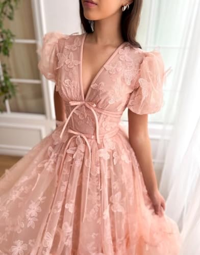 Zepumen 3D Butterfly Prom Dresses for Teens 2025 Puffy Sleeve V Neck Tea Length Formal Evening Party Gowns2