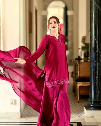 Image of Women's Natural Crepe Silk Kurta Set with Farshi Pant and Dupatta | Embroidery Sequence Work Fully Stitched Ethnic Suit