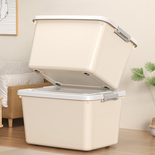 Image of KREPS Plastic Storage Bins With Latching Lids Stackable Containers, Large Storage Box For Bedroom, Basement, Classroom, Camping, Office (CREAM, X-LARGE - 18 X 12 X 9.5 INCH, PACK OF - 3)
