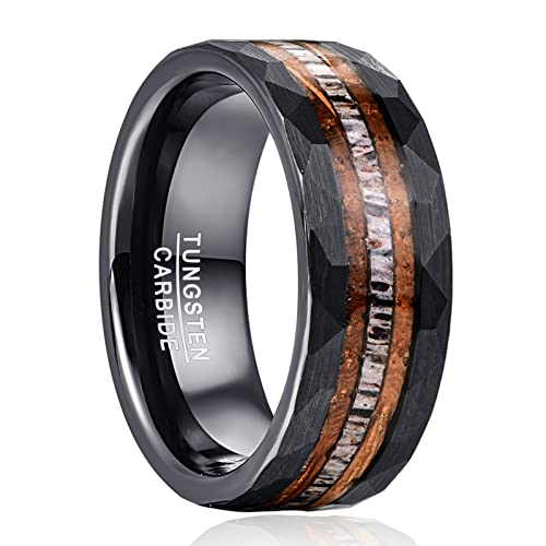 NUNCAD 8mm Tungsten Ring for Men, Black Inlaid Whisky Barrel Wood Antler Hammered Tungsten Wedding Bands Customize Engraved Ring Fit Men Women Size 7-12