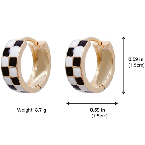 Checkered Hoop Earrings for Women, Black White Checker Small Hoop Earrings Plated with 16K Gold for Women4