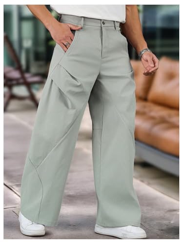 OYOANGLE Men's Wide Leg Pants Zipper Fly Ruched Work Office Casual Slacks Trousers with Pocket3