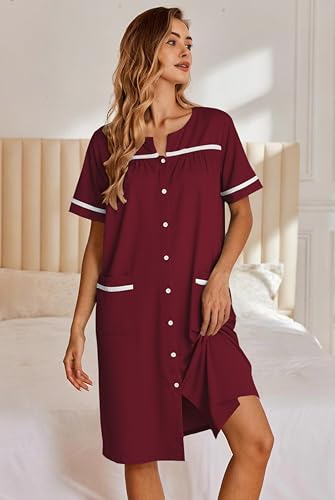 Image of Ekouaer Nightgowns for Women House Dress with Pockets Button Down Sleepshirt Short Sleeve Nightshirt Housecoat