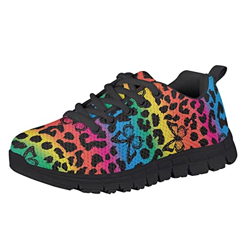 HUIACONG Rainbow Leopard Girl's Outdoor Walking Shoes Butterfly Kids' Lightweight Trainers Flats Boy's Athletic Gym Running Sneakers Size 5 Child's Gymnastics Flats