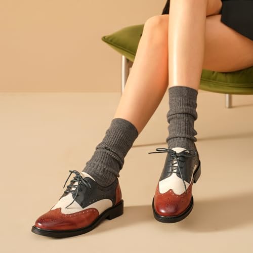 Image of BEAU TODAY Oxford Shoes for Women,Leather Brogue Dress Shoes,Comfort Brethable Ladies Lace-up Handmade Wingtip Shoes for Business Work