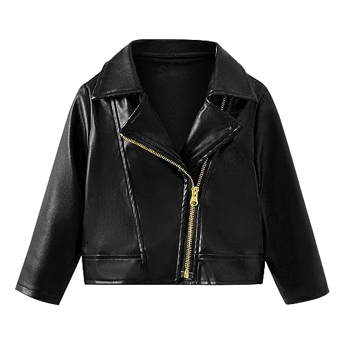 EnJoCho Toddler Girls Leather Coat Winter Solid Color Long Sleeve Lapel Zipper Leather Coat Warm (Black, 2-3 Years)
