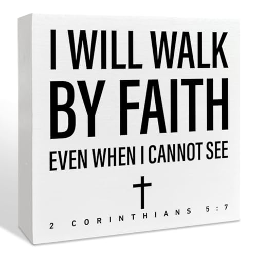 Christian Faith Wooden Box Sign Decor, Bible Verse Decorations for Home Office, Christian Religious Gifts for Women Men Faith Church, I Will Walk By Faith Even When I Cannot See