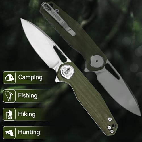 Image of Pocket Folding Knife,3.15 inch D2 Steel Blade,Green G10 Handle,Push Button Lever Lock,Pocket Knife with Pocket Clip for Outdoor,Survival,EDC