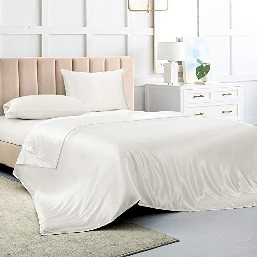 Satin Bed Sheets Full Size Sheet Sets, White Silk Sheets, 4 - Pieces Soft Bedding Set with 1 Deep Pocket Fitted Sheet,1 Flat Sheet,2 Pillowcase
