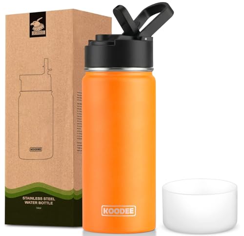 Image of koodee Water Bottle with Straw-16 oz Stainless Steel Double Wall Vacuum Insulated Water Flask Metal Sports Water Bottle for School (Mango Yellow)
