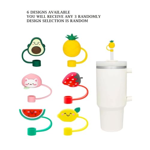 Image of Cute Straw Cap Toppers for Cups & Tumblers - 3D Silicone Avocado, Strawberry & Cloud Design - Reusable Dust-Proof Straw Cover for Stanley & Coffee Mugs (Pack of 2)