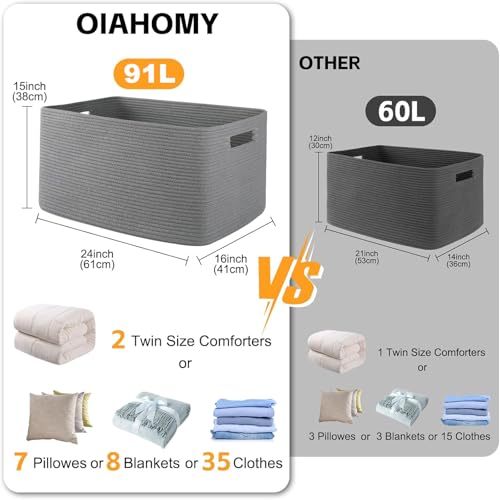 Image of OIAHOMY 96L XXXLarge Woven Rectangle Blanket Basket Living Room Dark Grey