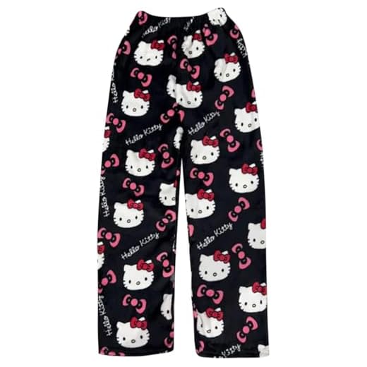 kitty Pyjama Hose Schlafanzug Hose Damen Lang Schlafhose Weich Kawaii Pyjamas Anime Bequeme Schlafanzughose Frauen Anime Cartoon Casual Frühling/Sommer Dünn (Schwarz, S)