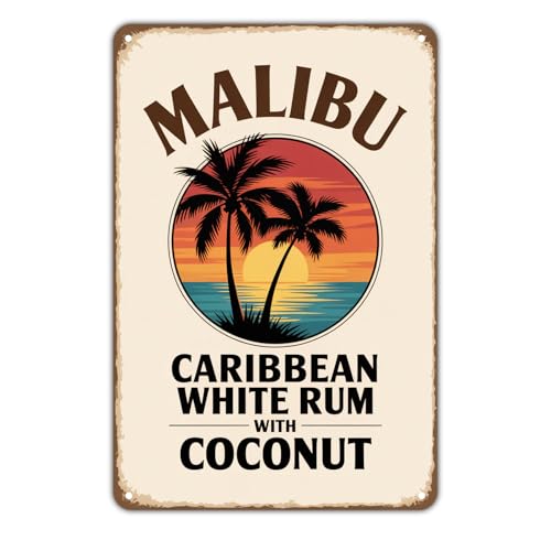 Malibu Caribbean White Rum Coconut Tin Sign Vintage Tropical Beach Metal Sign Print Aesthetic For Garden Yard Bar Porch Home Bedroom Kitchen Wall Decor Decor Gift 8 X 12 Inch