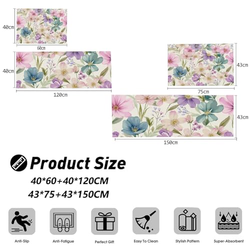 Alfombra de cocina antideslizante de alta durabilidad con elegante diseño floral de acuarela 3