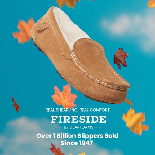 Image of Fireside By Dearfoams Men's Melbourne Genuine Shearling Moccasin Slippers, Memory Foam Sudede Loafers Slip-in House Shoes