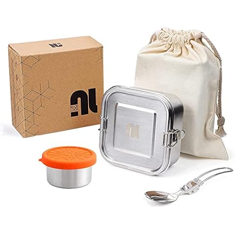 nicelock Metal Lunch Box 740ml Small Stainless Steel Lunch Box with Lid Leakproof Food Container Eco-Friendly Bento Box Snack Box Salad Sandwich Box with 100ml Sauce Pot for Adults and Kids Cover