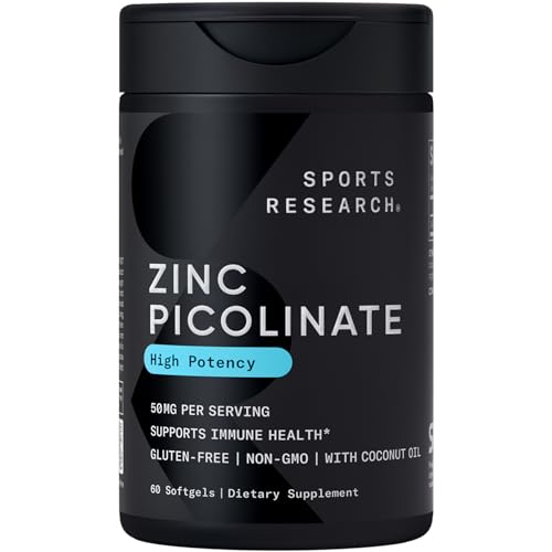 Sports Research Zinc Picolinate 50mg with Organic Coconut Oil | Highly Absorbable Zinc Supplement for Healthy Immune Function - Non-GMO Verified, Gluten & Soy Free (60 Liquid Softgels)