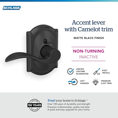 Image of SCHLAGE Accent Lever with Camelot Trim Non-Turning Lock in Matte Black - Left Handed - F170 ACC 622 CAM LH