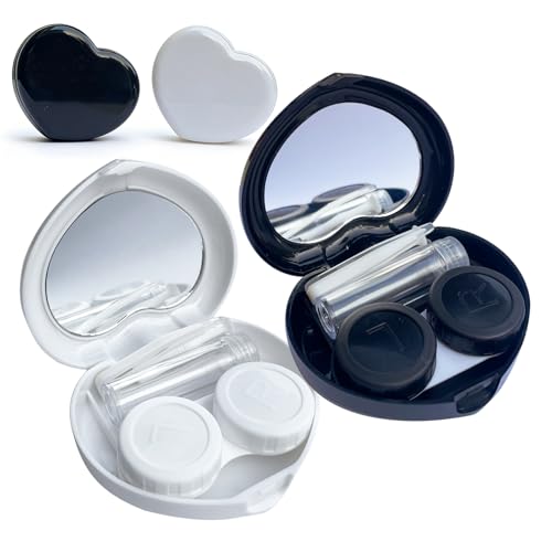 Howinn Contact Lens Case Travel Size Cute Colored Contact Lenses Applicator Remover Tool Kit with Mirror Solution Bottle for Daily Outdoor Heart Black White (2 Pack)