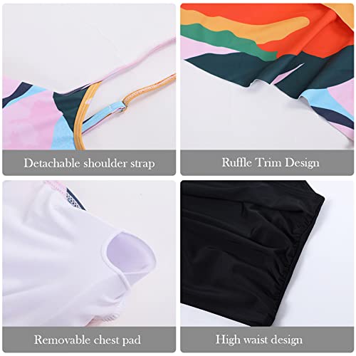 Womens High Waisted Bathing Suits Flounce Halter Tank Top Bikini Bottoms Tummy Control Modest Swimwear Two Piece Swimsuits Tankini Colorful Print M #TOP4