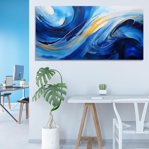 Grande toile pour bureau et salon au design abstrait bleu et or avec cadre