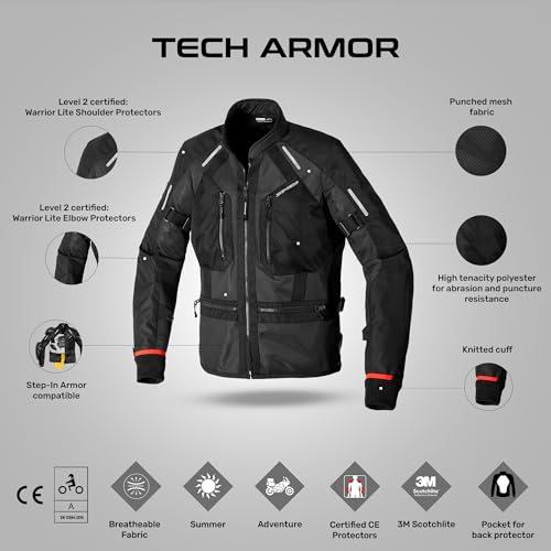 Image of Reise Spidi Tech Armour Motorcycle Riding Jacket | Level-2 CE Protectors | Adjustable Wrist & Arm Straps | 3M Scotchlite Reflectors | Step-In Armor Compatible - Black, XL Regular