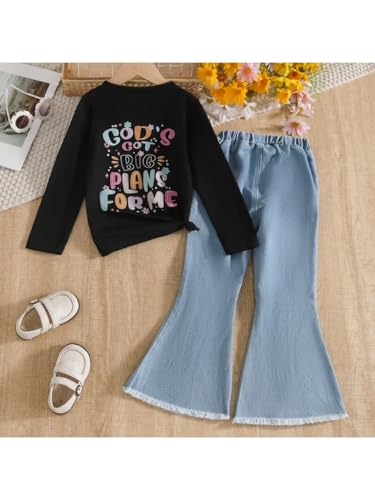 Image of Toddler Girl Clothes Long Sleeve Cartoon & Letter Graphic Top + Fruit Stationery Print Flared Leg Pants