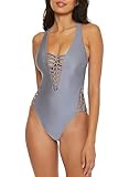 BECCA Women's Standard Color Sheen One Piece Swimsuit, Plunge Neck, Sexy Satin, Bathing Suits, Blu Shadow