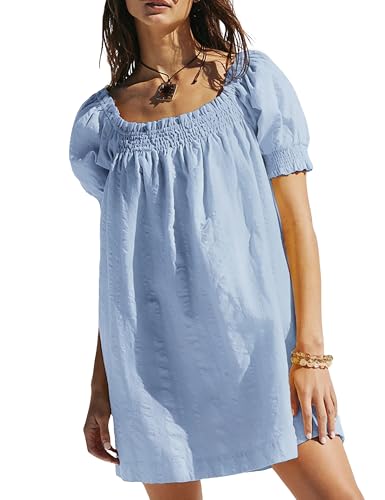 Image of Huaqiao Womens Summer Mini Dress 2026 A-Line Square Neck Puff Sleeve Beach Sundress Casual Short Dress with Pockets