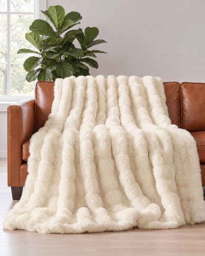 Faux Fur Throw Blanket - Throw Size Bubble Blanket - 50" x 60", Ivory