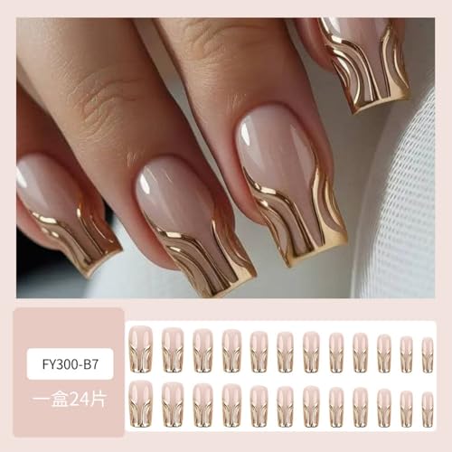 Image of Gold Wave Press on Nails Medium Square Fake Nails 3D Metallic Golden Line Design French False Nail Glossy Full Cover Reusable Nude Nail Press ons for Ladies Manicure 24Pcs