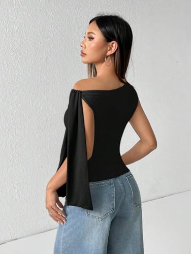 Image of TIVANTE Solid Asymmetrical Shoulder Tie Strap Crop Top for Women