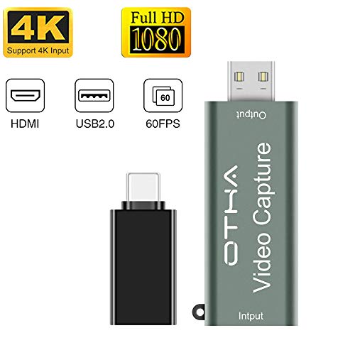 OTHA Carte de Capture vidéo, périphérique de Capture Audio HD 1080P 60fps Enregistrement HDMI vers USB 2.0 Via Un caméscope DSLR, avec Adaptateur de convertisseur USB vers Type-c