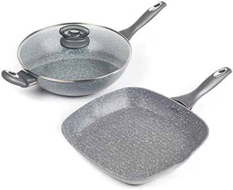 Salter® COMBO-3368 2 Piece Non-Stick Wok and Griddle Pan Set, Marble Collection, Dishwasher Safe, Forged Aluminium, Durable and Long-Lasting, PFOA Free, Suitable on Induction Hobs, Ergonomic Handles