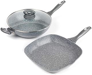 Salter® COMBO-3368 2 Piece Non-Stick Wok and Griddle Pan Set, Marble Collection, Dishwasher Safe, Forged Aluminium, Durable and Long-Lasting, PFOA Free, Suitable on Induction Hobs, Ergonomic Handles