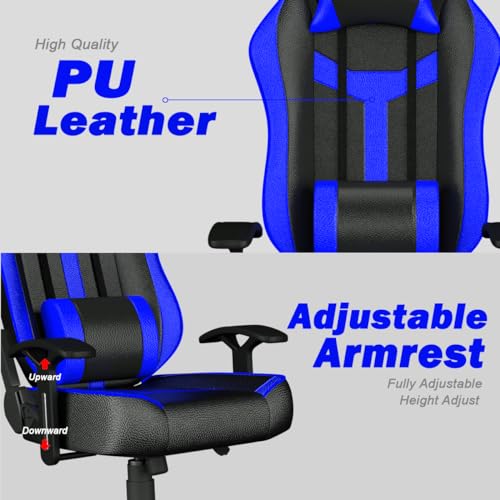 Image of ASE GAMING Ranger Series Ergonomic Gaming Chair Premium PU Leather, Adjustable Neck & Lumbar Pillow, 180 Degree Recline with Black Metal Base (Blue)