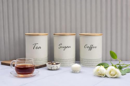 Image of JISCOVERY Airtight Tea, Sugar & Coffee Container Set of 3| Metal Storage Canister with Wooden Lid for Kitchen| Storage Box for Kitchen Counter Top| 1300 ML| White