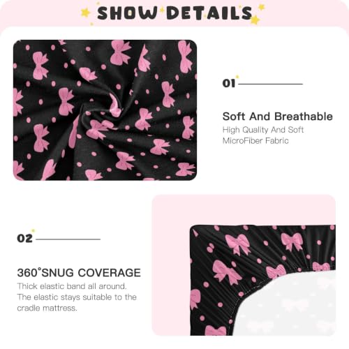Image of Crib Sheet Breathable Soft Crib Mattress Sheet for Baby Toddler Boys Girls Fitted Pack n Play Crib Sheet Fit Standard Crib Mattress 52 x 28 Inch Hot Pink Bows Polka Dots