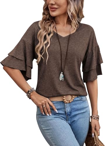 Ryhula Damen T-Shirt Oberteil Elegant 3/4 Arm Trompetenärmel V-Ausschnitt Locker Modisch Top Frühling Sommer Herbst Büro Freizeit Braun XL 46-48