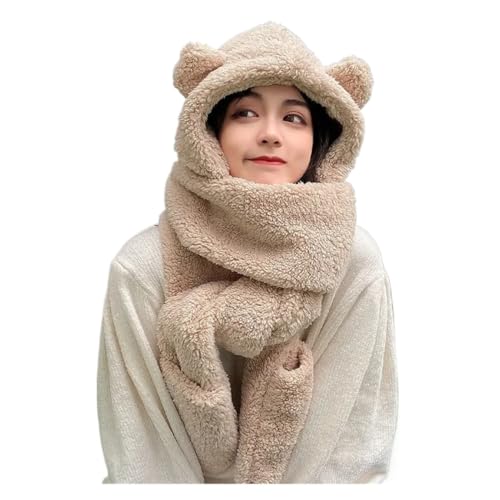 Autumn Winter Bear Hat Scarf and Gloves 3-in-1 Plush Double-Layer Warm Hat Ear Protection Hat for Cold Weather2