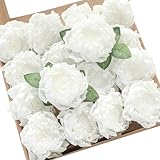 Floroom Artificial Flowers 16pcs 4" White Blooming Peonies Real Looking Foam Fake Roses with Stems for DIY Wedding Bouquet Bridal Shower Centerpieces Floral Arrangements Party Tables Home Decorations