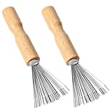 2 Pieces Hair Brush Cleaner Tool Portable Comb Cleaning Tool with Metal Wire Rake and Wooden Handle, Mini Hair Dirt Remover Brushes for Home and Salon Use (Grooved Handle)